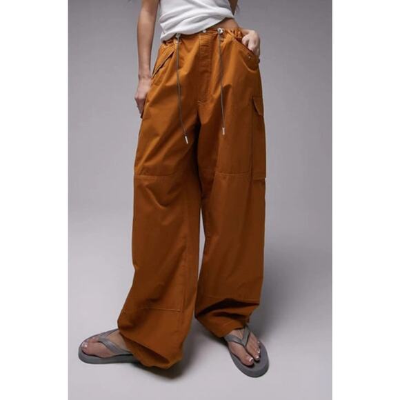Topshop Women's Orange Cotton Oversized Cargo Parachute Pants 8-10 NWT - Picture 1 of 10